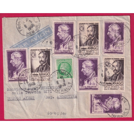 N°680 793 794 FRONTIGNAN HERAULT 1948 POUR BUENOS AIRES ARGENTINE RECOMMANDE PAR AVION ETIQUETTE RECOMMANDATION AU DOS