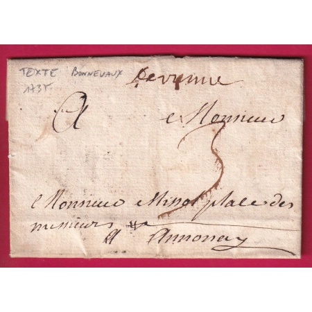 MARQUE MANUSCRIT DE VIENNE ISERE 1737 TEXTE DE BONNEVAUX ISERE POUR ANNONAY ARDECHE LETTRE
