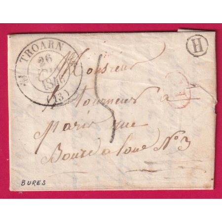 CAD TYPE 12 TROARN CALVADOS BOITE RURALE H BURES POUR PARIS DECIME RURAL TAXE TAMPON 5 1846 LETTRE