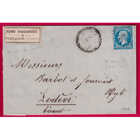 N°14 PC 4063 SERVIAN HERAULT BOITE RURALE C PUISSALICON ETIQUETTE PUB AU RECTO POUR LODEVE LETTRE