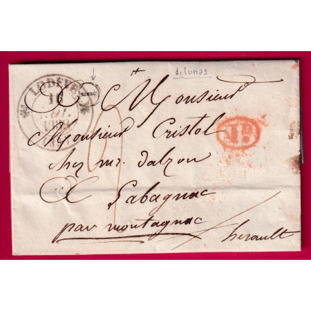 CAD TYPE 12 LODEVE HERAULT 1838 BOITE RURALE I LUNAS DECIME RURAL POUR MONTAGNAC LETTRE