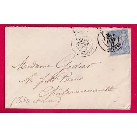 N°78 CAD PARIS DEPART  + SECTION DE LEVEE POUR CHATEAURENAULT INDRE ET LOIRE 1877 LETTRE