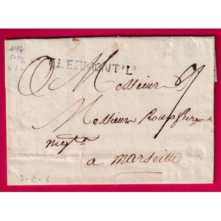 MARQUE CLERMONT L' HERAULT 1782 LENAIN N°2 POUR MARSEILLE INDICE 10 LETTRE