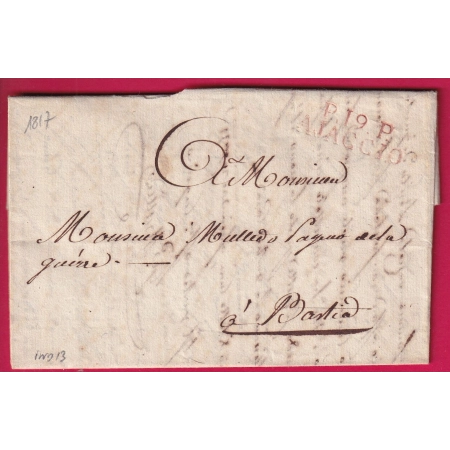MARQUE P19P AJACCIO CORSE EN ROUGE 1817 POUR BASTIA INDICE 13 LETTRE