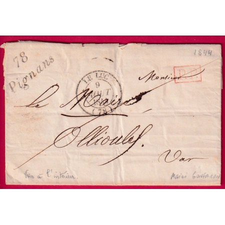 CURSIVE 78 PIGNANS VAR + PP ROUGE TYPE 14 LE LUC TEXTE MAIRIE DE GONFARON POUR OLLIOULES 1844 LETTRE