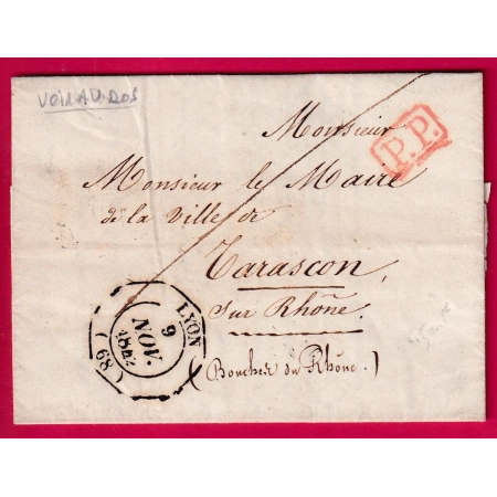 CAD ESSAI LYON RHONE PP ROUGE 1842 AU DOS CAD TYPE 14 TARASCON SUR RHONE ERREUR DEPARTEMENT 68 BOUCHES DU RHONE LETTRE