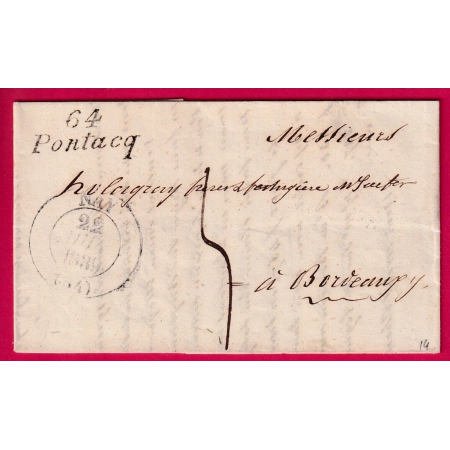 CURSIVE 64 PONTACQ BASSES PYRENEES 1839 TYPE 13 NAY POUR BORDEAUX INDICE 14 LETTRE COVER