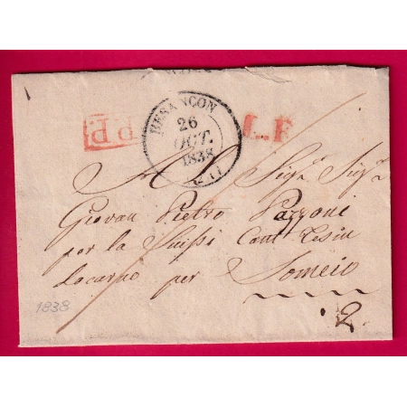 CAD TYPE 14 BESANCON DOUBS PP ROUGE + LF ROUGE 1838 POUR LOCARNO SUISSE TESSIN ENTREE PAR HUNINGUE AU DOS LETTRE COVER