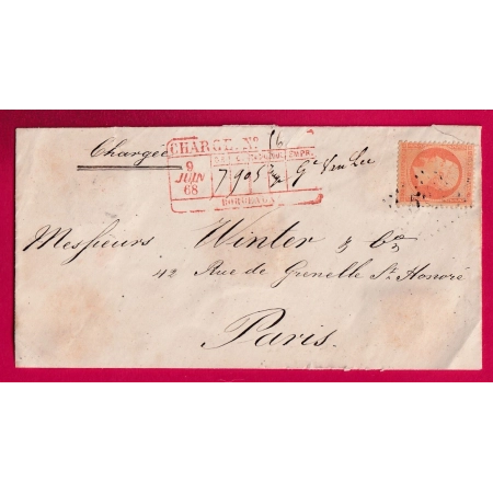 N°23 SEULE SUR LETTRE CHARGE CHARGEMENT EU RECTO GC 532 BORDEAUX GIRONDE POUR PARIS SANS CAD BEAUX CACHETS DE CIRE
