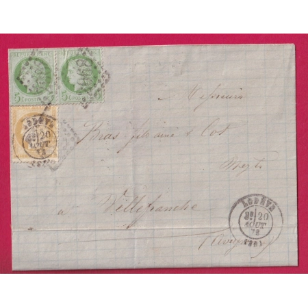 N°53 X2 + 59 GC 2068 LODEVE HERAULT 1873 POUR VILLEFRANCHE AVEYRON LETTRE