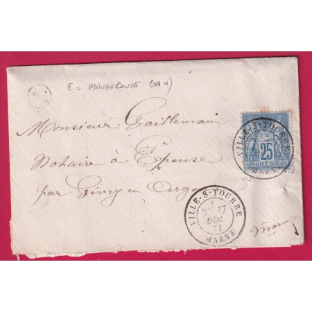 N°79 CAD TYPE 18 VILLE SUR TOURBE MARNE BOITE RURALE E MINAUCOURT POUR GIVRY LETTRE