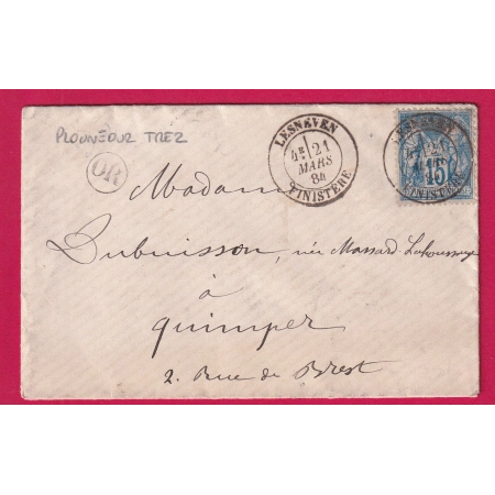 N°90 CAD LESNEVEN FINISTERE OR PLOUNEOUR TREZ 1884 POUR QUIMPER LETTRE
