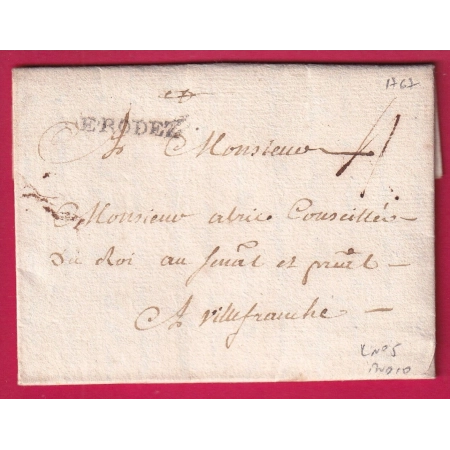 MARQUE DE RODEZ AVEYRON LENAIN N°5 INDICE 10 1767 POUR VILLEFRANCHE DE ROUERGUE LETTRE