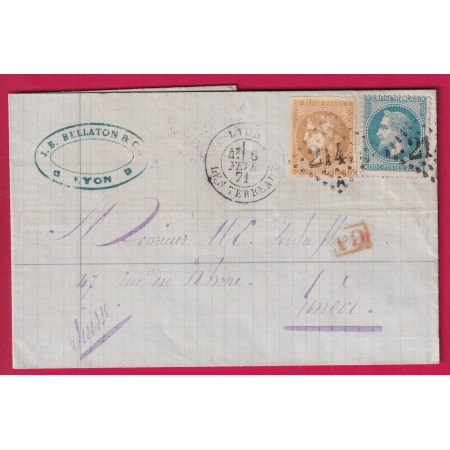 MIXTE N°29 43B GC 2145 LYON LES TERREAUX POUR GENEVE SUISSE LETTRE