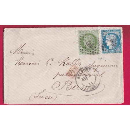 N°53 60 PC DE GC 420 BELFORT HAUT RHIN POUR BERNE SUISSE 1874 LETTRE