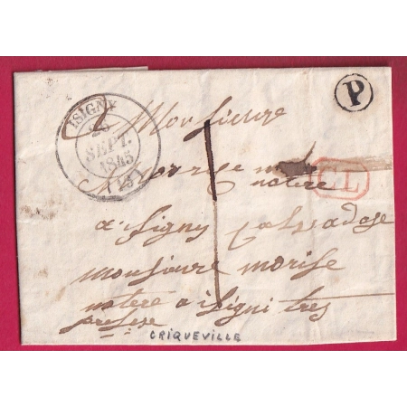 CAD TYPE 14 ISIGNY CALVADOS BOITE RURALE P CRIQUEVILLE TAXE LOCALE 1 CL ROUGE POUR LIGNY 1845 LETTRE