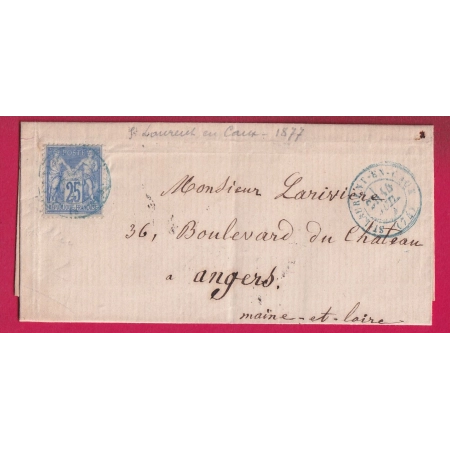 N°78 CAD BLEU ST LAURENT EN CAUX SEINE INFERIEURE POUR ANGERS MAINE ET LOIRE 1877 LETTRE