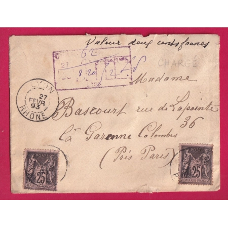 N°97 X2 LYON RHONE AVIS DE CHARGEMENT EN VIOLET POUR LA GARENNE COLOMBES SEINE 1893 LETTRE