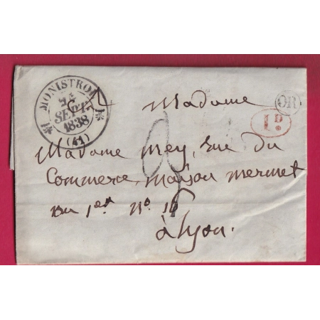 CAD TYPE 12 MONISTROL HAUTE LOIRE 1838 OR + DECIME RURAL A IDENTIFIER 1838 POUR LYON LETTRE