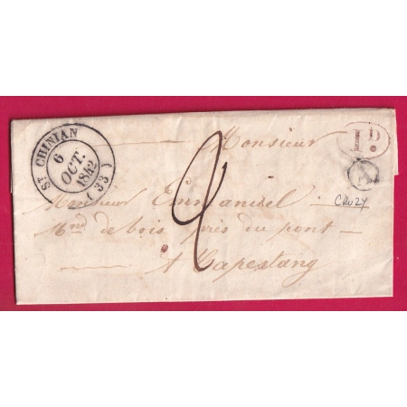 CAD TYPE 14 ST CHINIAN HERAULT 1842 BOITE RURALE A CRUZY DECIME RURAL POUR CAPESTANG LETTRE