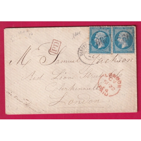 N°22 GC 1299 DIEPPE SEINE INFERIEURE POUR LONDRES ANGLETERRE AU DOS SHIP LETTER LONDON 1864 LETTRE