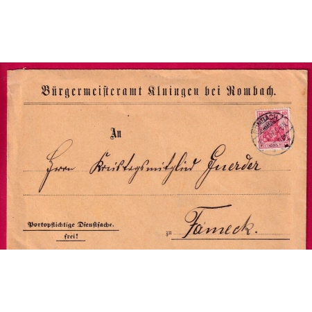 GERMANIA 10C ROMBACH KLUINGEN MOSELLE 1907 POUR FAMECK LETTRE