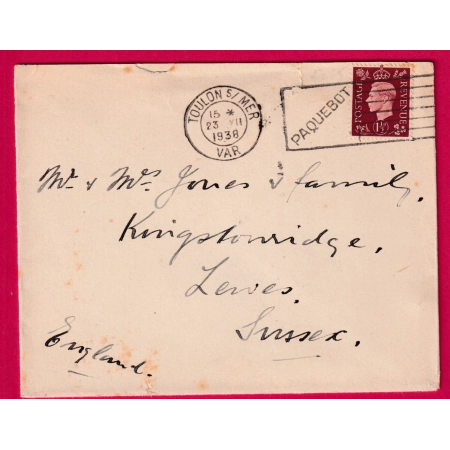 TOULON SUR MER VAR PAQUEBOT 1938 SUR TIMBRE ANGLAIS POUR SUSSEX ANGLETERRE LETTRE