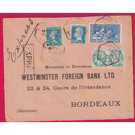 LEVEE EXCEPTIONNELLE PARIS DEPART 1925 EXPRES POUR BORDEAUX DEVANT DE LETTRE FRONT COVER