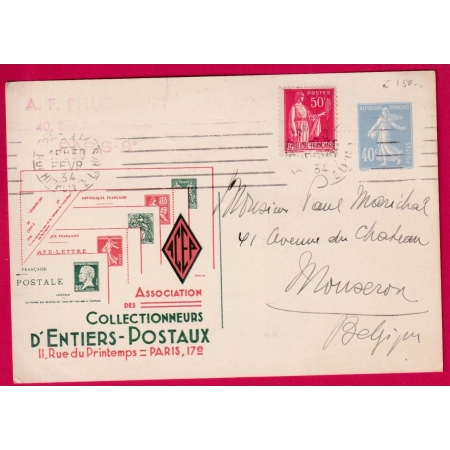 ENTIER 40C SEMEUSE BLEUE + 50C ROUGE TYPE PAIX TARIF A 90C POUR MOUSCRON BELGIQUE 1934 LETTRE