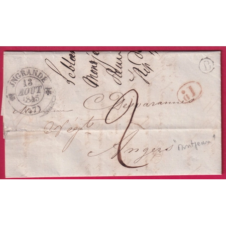 CAD TYPE 12 INGRANDE MAINE ET LOIRE 1845 LETTRE ACHEMINEE DE PARIS POSTEE BOITE RURALE B MONTJEAN POUR ANGERS LETTRE