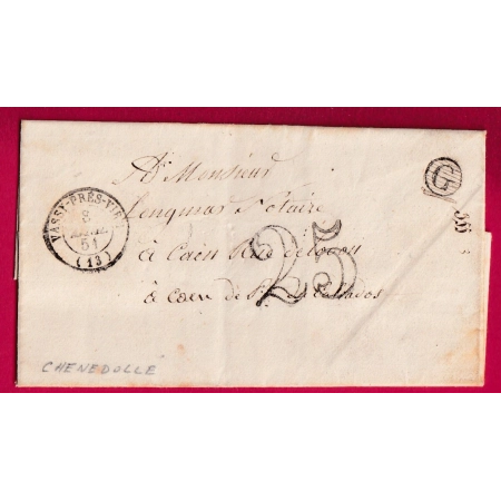CAD TYPE 15 VASSY PRES VIRE CALVADOS BOITE RURALE G CHENEDOLLE TAXE TAMPON 25 1851 POUR CAEN LETTRE