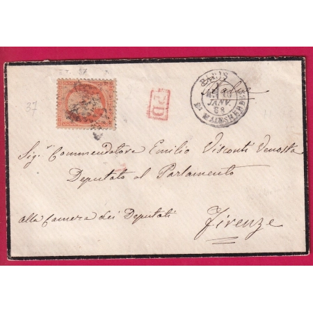 N°23 PARIS ETOILE 33 PARIS BT MALESHERBES POUR FIRENZE FLORENCE ITALIE ITALIA 1868 LETTRE COVER