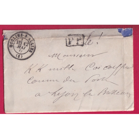 PP FAUTE DE TIMBRE GUERRE 1870 MOULINS ALLIER POUR LYON CARTE DE VISITE POSTE LETTRE