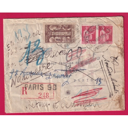 RARE PNEUMATIQUE RECOMMANDE PARIS BOURSE 98 1937 REEXPEDIEE NANTERRE IVRY AUTOMOBILE SIMCA LETTRE