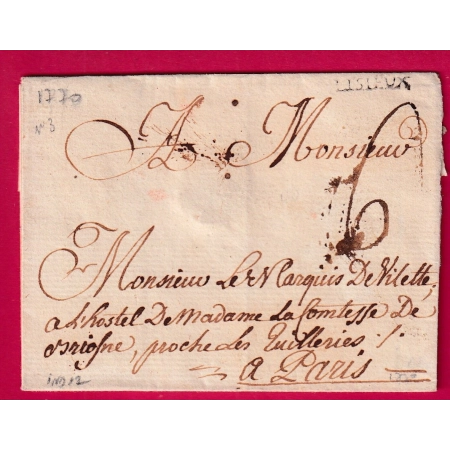 MARQUE LISIEUX CALVADOS VERS 1770 LENAIN N°3 INDICE 12 POUR PARIS LETTRE