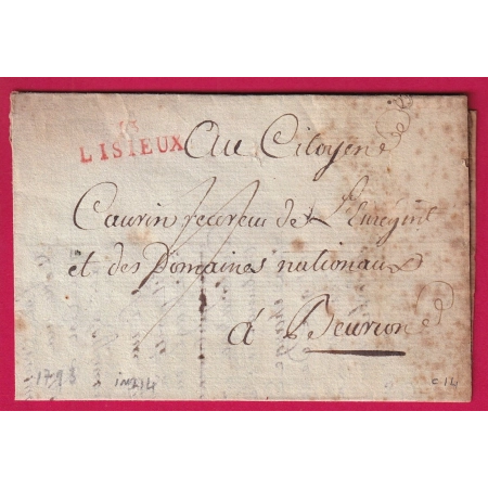 MARQUE 13 LISIEUX EN ROUGE 1793 INDICE 14 POUR BEUVRON LETTRE