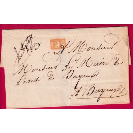 CURSIVE 13 LITRY CALVADOS PP ROUGE POUR BAYEUX TAXE LOCALE 1 AU DOS LETTRE