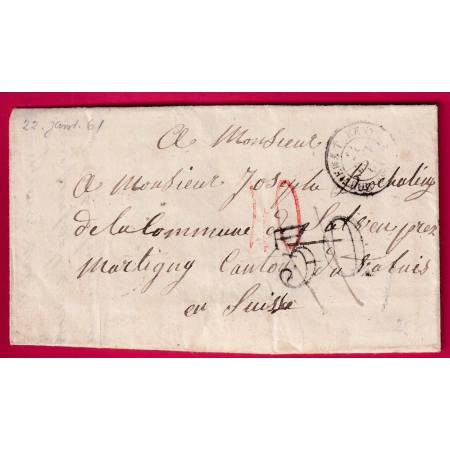 CAD TYPE 15 MOUTIERS TARENTAISE SAVOIE TAXE 30 ANNULEE TAXE SUISSE 40 EN ROUGE POUR MARTIGNY VALAIS SUISSE LETTRE