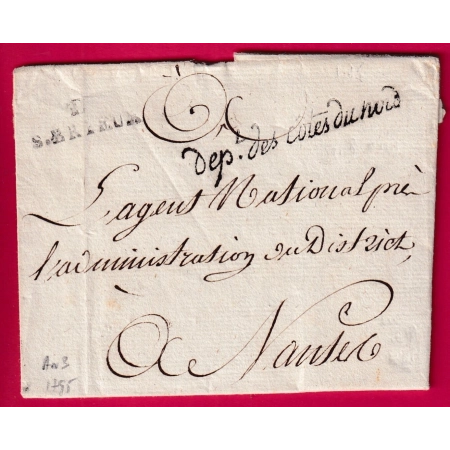 FRANCHISE DPT DES COTES DU NORD ST BRIEUC 1795 POUR NANTES LETTRE