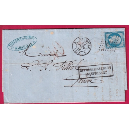 N°14 PC 1896 MARSEILLE 4 12 4 TAXE SUISSE 40 EN ROUGE AFFRANC INSUFF POUR GENEVE SUISSE LETTRE