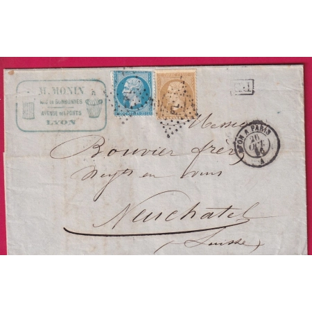 N°21 22 AMBULANT LYON A PARIS LOSANGE PL POUR NEUCHATEL SUISSE LETTRE