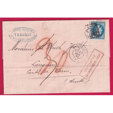 N°29 GC 2240 MARSEILLE TAXE 3 MANUSCRIT + 30C ROUGE SUISSE POUR LANGNAU AFFR INSUFF ROUGE LETTRE