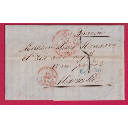 CURSIVE ESPANA CAD BARCELONE EN ROUGE ENTREE ESPAGNE PERPIGNAN POUR MARSEILLE 1854 TAXE TAMPON 5 LETTRE