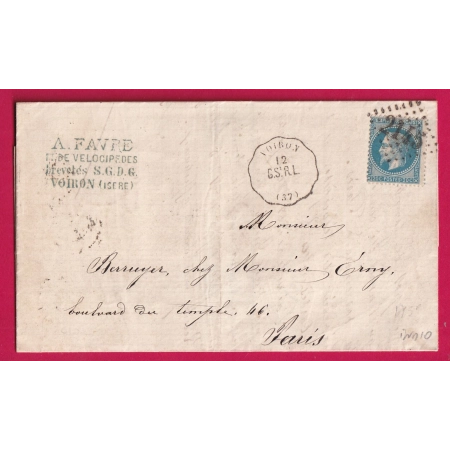 N°29 CONVOYEUR STATION VOIRON ISERE POUR PARIS 1869 INDICE 10 LETTRE