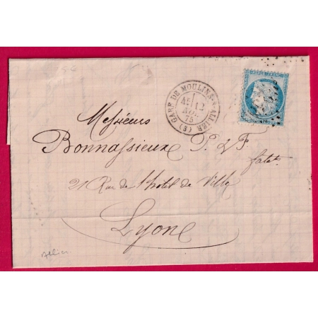 N°60 GC 2565 CAD GARE DE MOULINS ALLIER 1875 AU DOS BUREAU DE PASSE 2565 MOULINS POUR LYON LETTRE