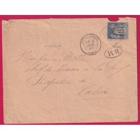 N°90 PONTE LECCIA CORSE BM DE BASTIA BOITE MOBILE POUR CALVI 1887 LETTRE