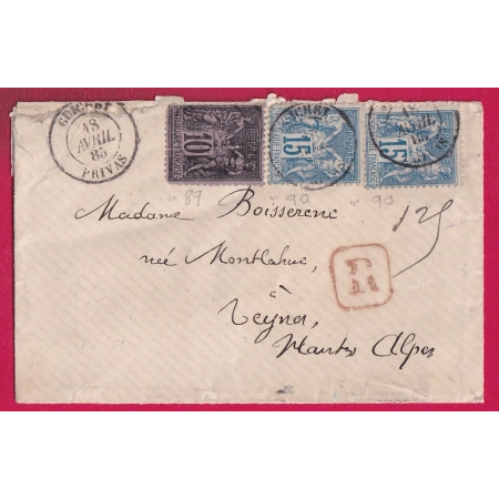 N°90 X2 89 CAD GUICHET PRIVAS ARDECHE RECOMMANDE POUR REYNES HAUTES ALPES LETTRE