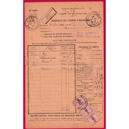 TAXE N°63 BANDE DE TROIS ASSAT BASSES PYRENEES BORDEREAU VALEUR A RECOUVRER 1933 LETTRE