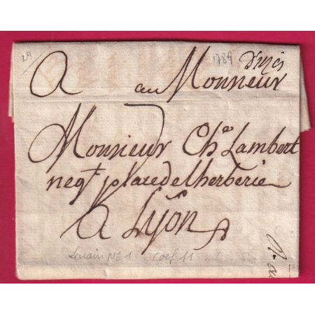 MARQUE MANUSCRIT D'UZES GARD LENAIN N°1 1789 POUR LYON INDICE 11 LETTRE