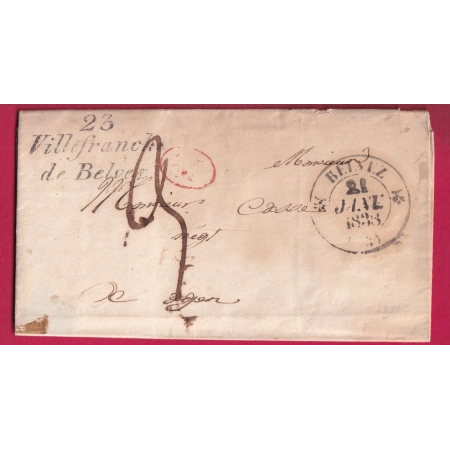 CURSIVE 23 VILLEFRANCHE DE BELVEZ DORDOGNE CAD TYPE 12 BELVEZ 1838 POUR AGEN LOT ET GARONNE DECIME RURAL LETTRE